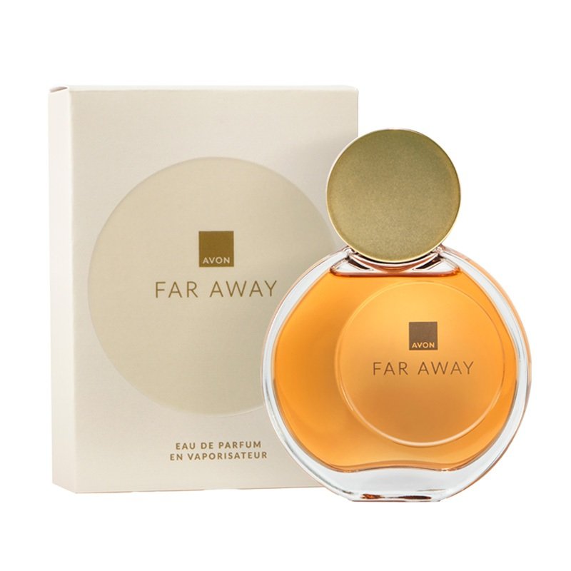 Frasco do perfume Far Away Original Deo Parfum Avon em close-up, design elegante e feminino