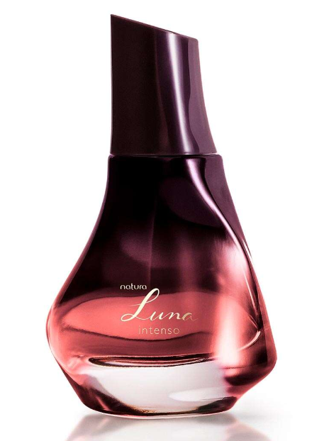 Frasco do perfume Luna Intenso Natura em close-up, design elegante e feminino