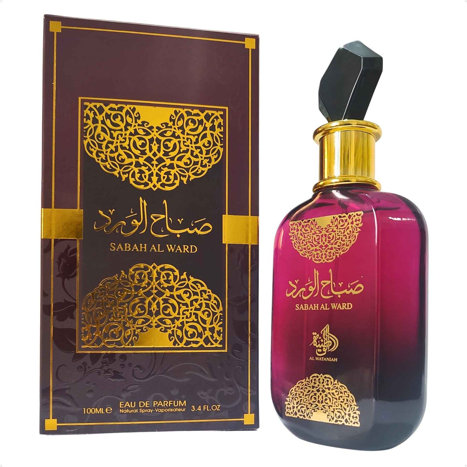 Frasco do perfume Al Wataniah Sabah Al Ward, vermelho e elegante