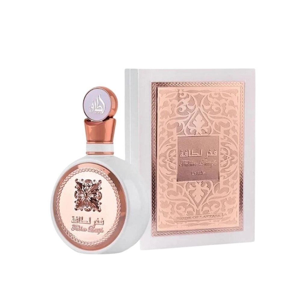 Frasco do perfume Lattafa Fakhar Rose, com design em forma de pescoço de cisne