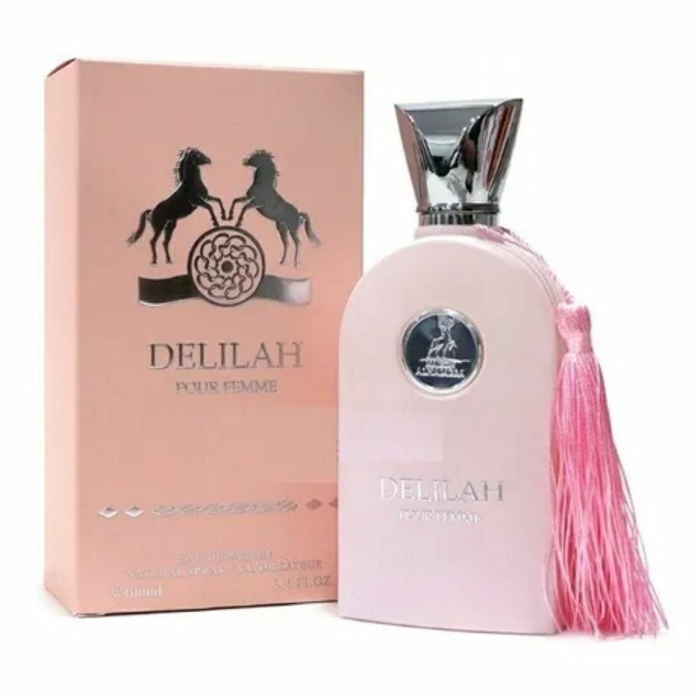 Frasco do perfume Maison Alhambra Delilah, design rosa e luxuoso