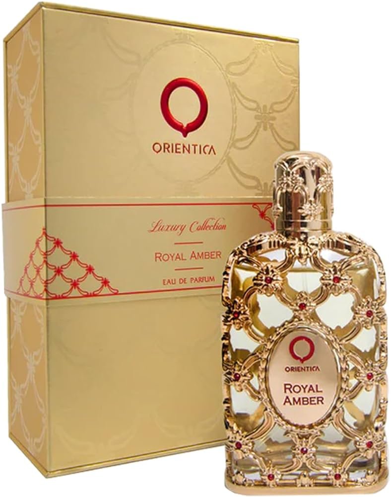 Frasco do perfume Orientica Royal Amber, com detalhes em dourado